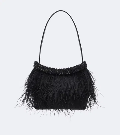 Staud Winslow Feather-trimmed Shoulder Bag In Black