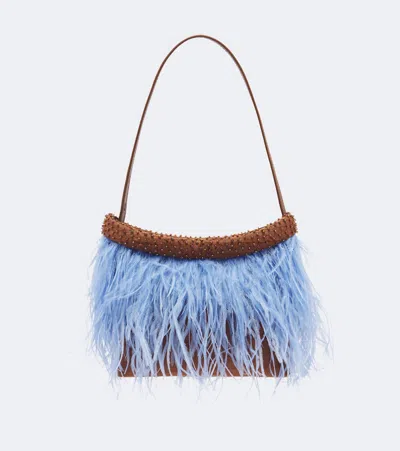 Staud Winslow Feather-trimmed Shoulder Bag In Blue