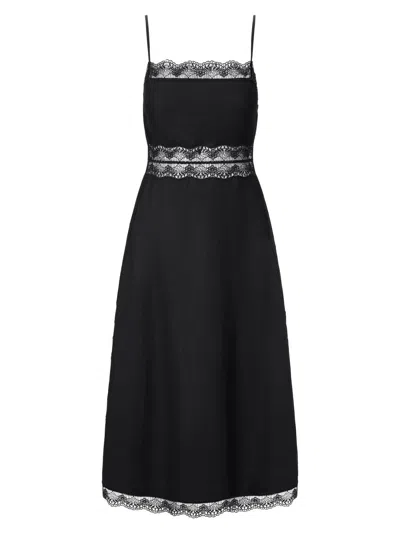 Staud Amalina Lace-trimmed Linen Midi Dress In Black