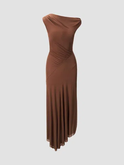 Staud Women's Amaris Ruched Mesh Asymmetric Maxi Dress In Brown