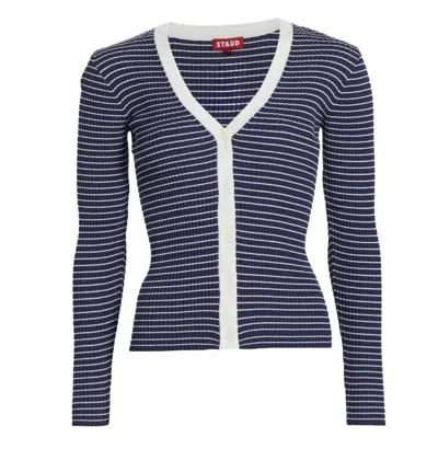 STAUD WOMEN'S BLUE WHITE STRIPED CARGO RIB-KNIT V-NECK CARDIGAN