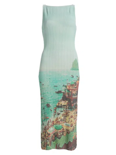 Staud Bryn Seaside-print Rib Knit Midi Dress In Multi