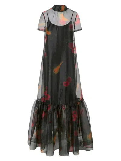 Staud Calluna Tie-neck Tiered Printed Organza Maxi Dress In Black