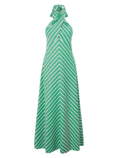 Staud Dawn Tie-neck Striped Maxi Crossover Halter Dress In Green