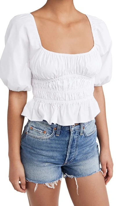 STAUD STAUD WOMEN'S FAYE PUFF-SLEEVE RUCHED SMOCKED CROP TOP SOLID WHITE
