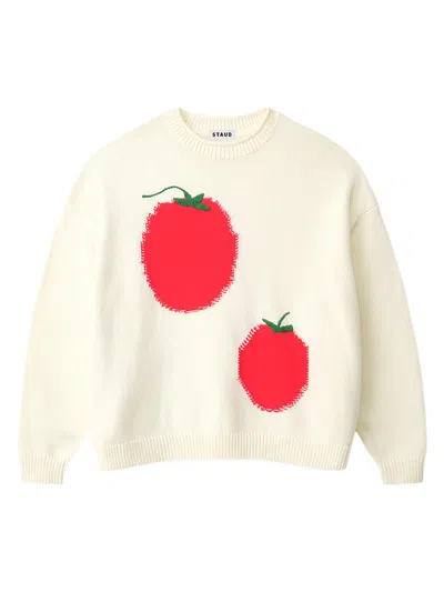 Staud Women's Giada Tomato-print Crewneck Sweater In White