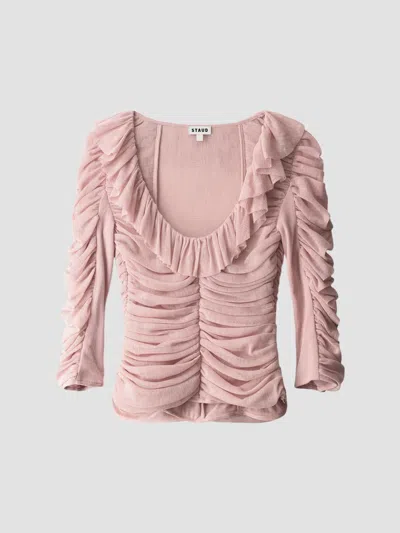 Staud Gretta Ruched Ruffle Top In Pink