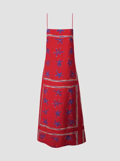 Staud Laura Linen Dress Painted Foulard In Red