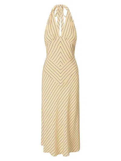 Staud Louise Striped Silk Midi Dress In Brown