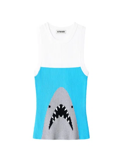 Staud Malia Shark Graphic Rib Knit Tank In White