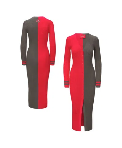 STAUD WOMEN'S RED/PEWTER TAMPA BAY BUCCANEERS SHOKO KNIT BUTTON-UP SWEATER DRESS