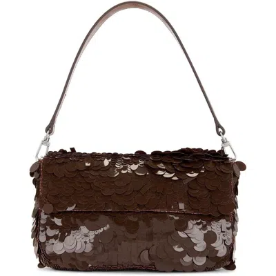 Staud Timmy Embellished Sequined Leather Shoulder Bag In Brown
