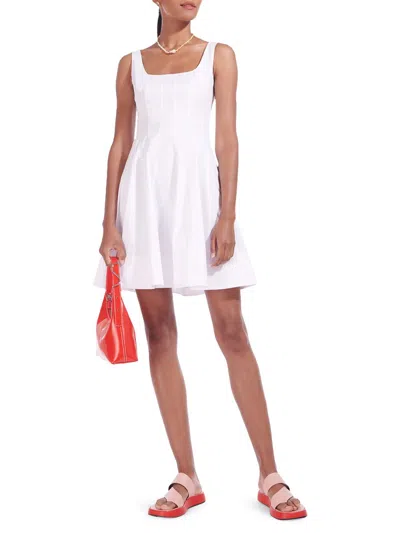 Staud Wells Pleated Cotton-blend Poplin Mini Dress In White