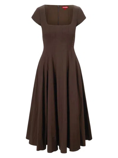 Staud Wells Stretch Cotton Fit And Flare Midi Dress In Brown