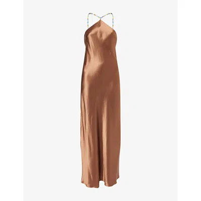 Staud Womens Cadence Pearl-strap Halter Satin Maxi Dress Cigar In Neutral