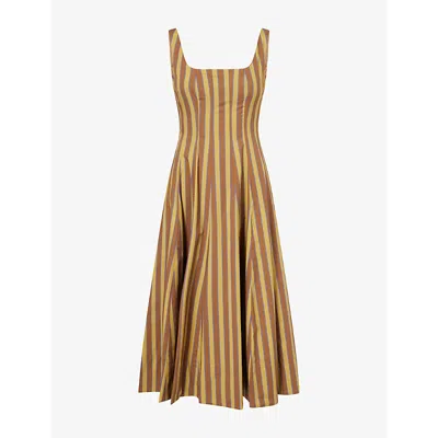 Staud Womens Wells Stripe Cotton Midi Dress Cigar Stripe Cgst In Brown