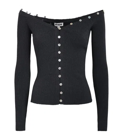 Staud Keaton Off-the-shoulder Ribbed Cotton And Wool-blend Cardigan In Gray