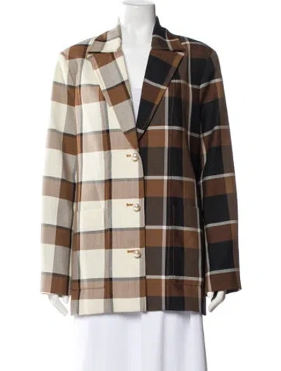 Pre-owned Staud Wool Plaid Print Blazer In Brown