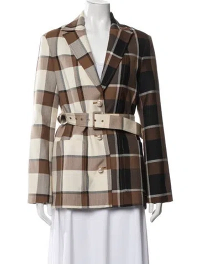 Pre-owned Staud Wool Plaid Print Blazer In Brown/neutrals