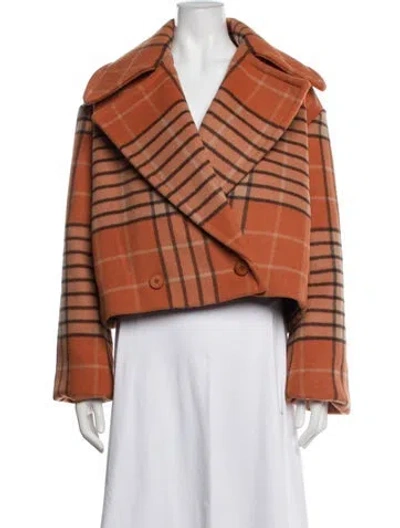 Pre-owned Staud Wool Plaid Print Blazer In Orange