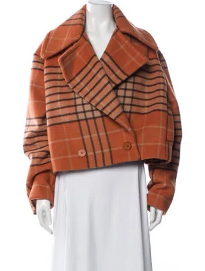 Pre-owned Staud Wool Plaid Print Jacket In Orange