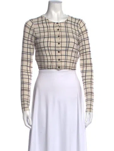 Pre-owned Staud Wool Plaid Print Sweater In White