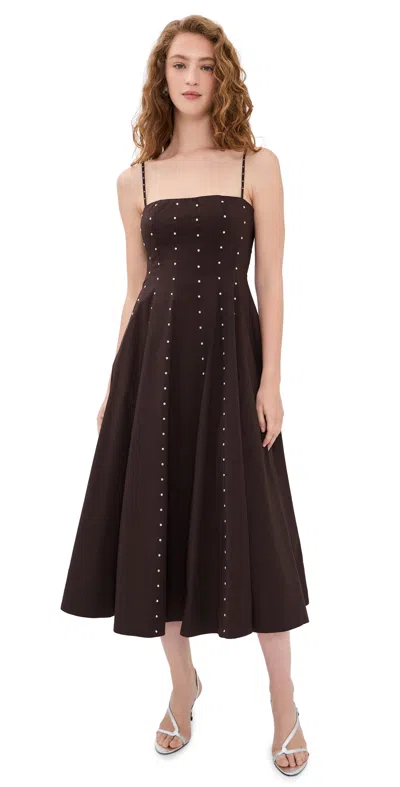 Staud Wylie Embellished Paneled Cotton-blend Poplin Midi Dress In Brown