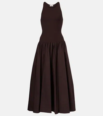 Staud Yamila Ribbed-knit And Cotton-blend Poplin Midi Dress In Earth