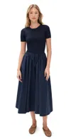Staud Ysabel Ribbed-knit And Cotton-blend Poplin Midi Dress In Navy