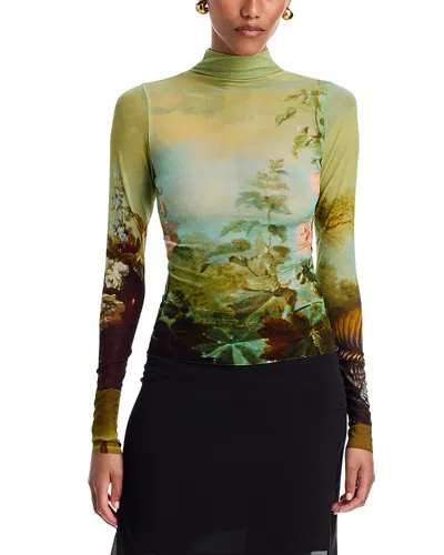 Staud Zoya Landscape Print Long Sleeve Top In Green