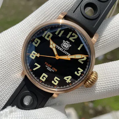 Pre-owned Steeldive 1903 Bronze Diver Watches Super Luminous Unique Crown 200m Pilot Watch