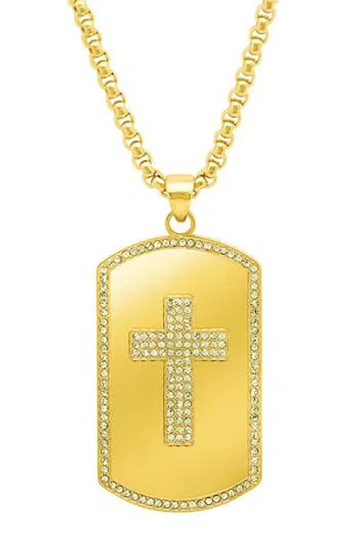 Steeltime 18k Gold Plated Crystal Cross Dog Tag Necklace