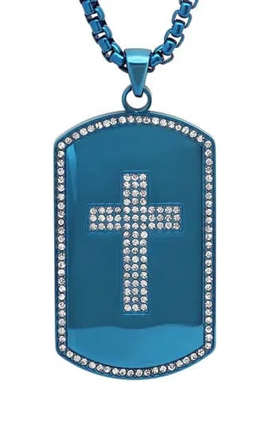 Steeltime 18k Gold Plated Crystal Cross Dog Tag Necklace In Blue