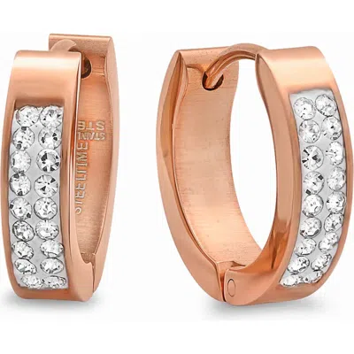 Steeltime 18k Gold Plated Crystal Huggie Hoop Earrings In Rose Gold