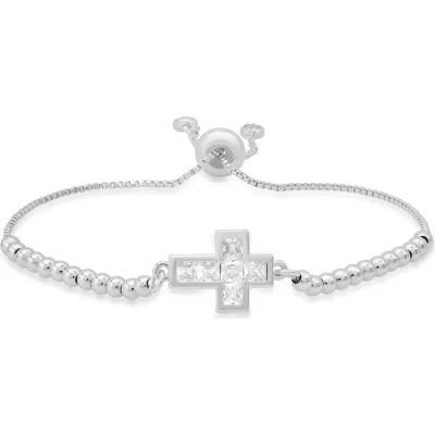 Steeltime 18k Gold Plated Cubic Zirconia Cross Adjustable Bracelet In Silver