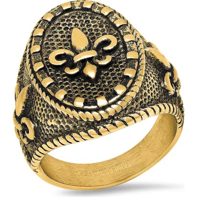 Steeltime 18k Gold Plated Fleur De Lis Signet Ring