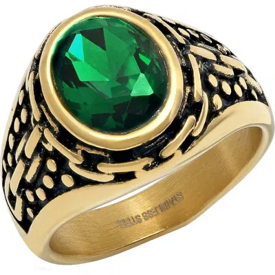 Steeltime 18k Gold Plated Imitation Stone Signet Ring In Gold/green