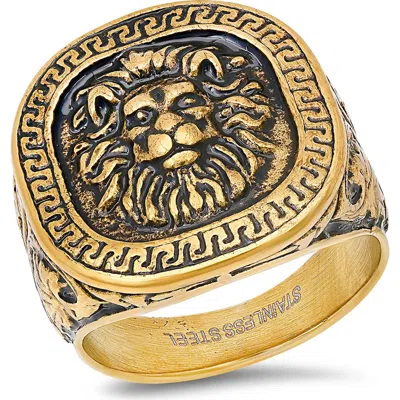 Steeltime 18k Gold Plated Lion Head Signet Ring
