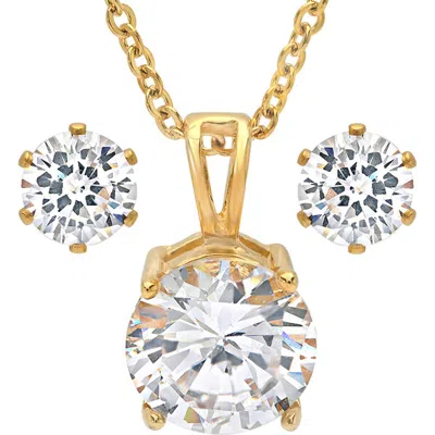 Steeltime 18k Gold Plated Simulated Diamond Pendant Necklace & Stud Earrings Set