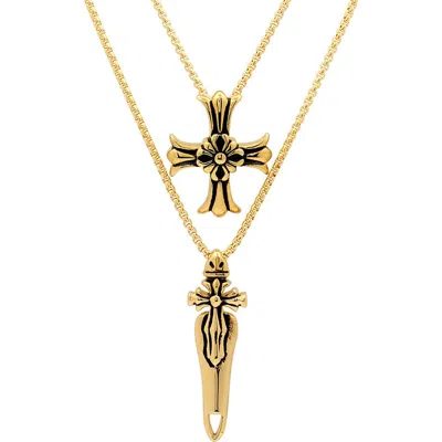 Steeltime 18k Gold Plated Stainless Steel Cross Pendant Layered Necklace