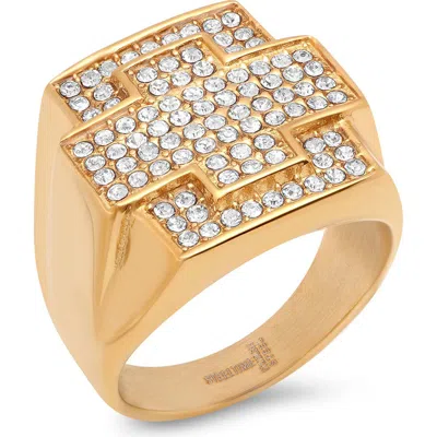 Steeltime 18k Gold Plated Stainless Steel Crystal Cross Ring