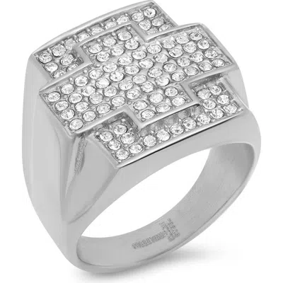Steeltime 18k Gold Plated Stainless Steel Crystal Cross Ring In Metallic