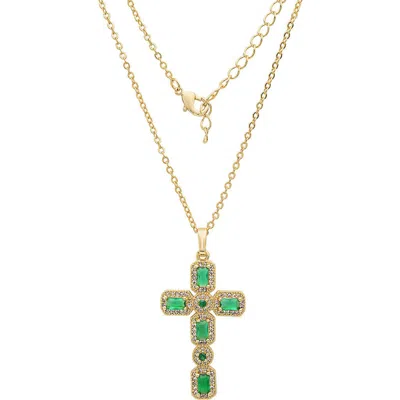 Steeltime 18k Gold Plated Stone Cross Pendant Necklace In Gold/ Green