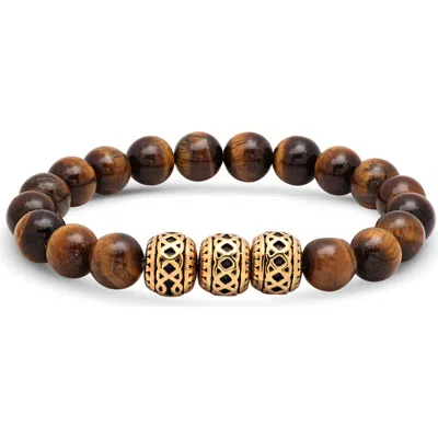 Steeltime 18k Gold Plated Tiger Eye Bead Stretch Bracelet In Brown/gold