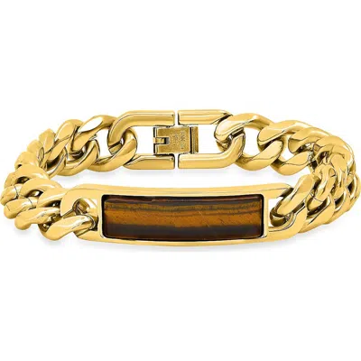 Steeltime 18k Gold Plated Tiger's Eye Inlay Id Curb Chain Bracelet