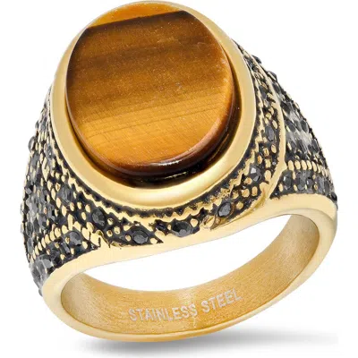 Steeltime 18k Gold Plated Tiger's Eye Signet Ring