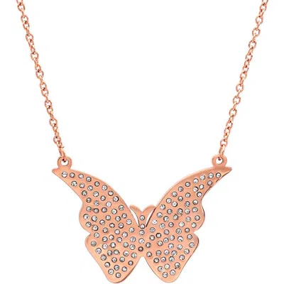 Steeltime 18k Rose Gold Plated Crystal Butterfly Pendant Necklace In Pink