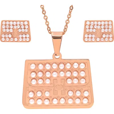 Steeltime 18k Rose Gold Plated Imitation Pearl Necklace & Earrings Set