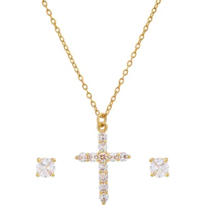 Steeltime 18k White Gold Plated Cross Pendant Necklace & Stud Earrings Set