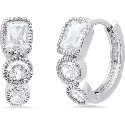 Steeltime 18k White Gold Plated Crystal Huggie Hoop Earrings In Silver